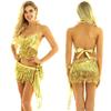 2Pcs Womens Shiny Sequin Tassels Belly Dance Costume Halter Bra Top with Hip Scarf Wrap Skirts Set Ballroom Dancewear
