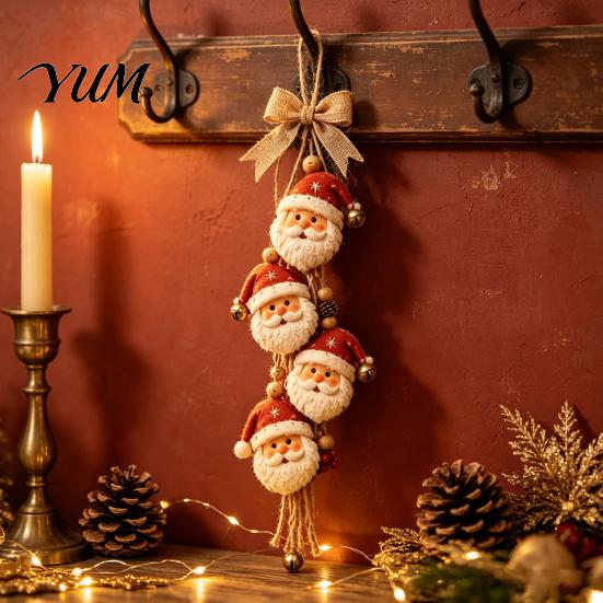 Christmas Tree Embellishments with Bells Wooden Santa Claus Hanging Ornament, 2D Flat Pattern Sign Jute Ornaments Rope And Bell, Vintage Door