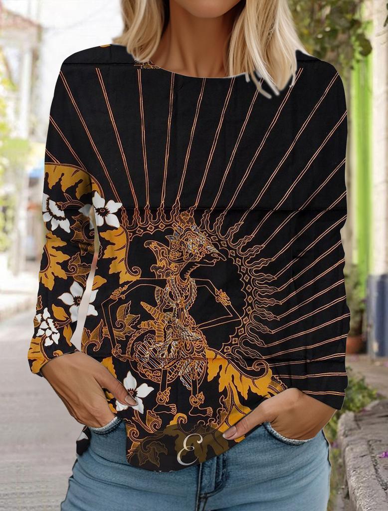 2024 Женские гавайские ретро-модные топы с длинным рукавом и круглым вырезом, повседневная футболка с длинным рукавом, дизайнерская новинка