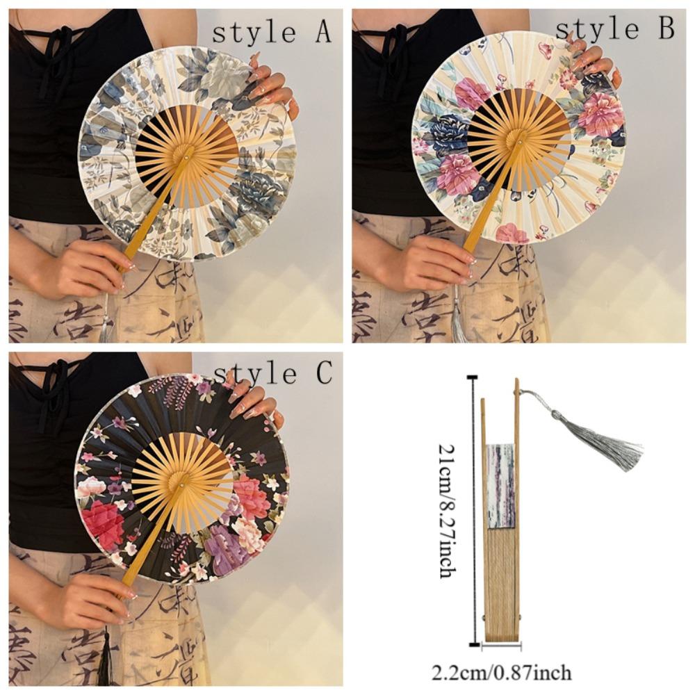Round Folding Hand Fan Bamboo Handle Chinese Fans Photography Props Windmill Fan  Lady