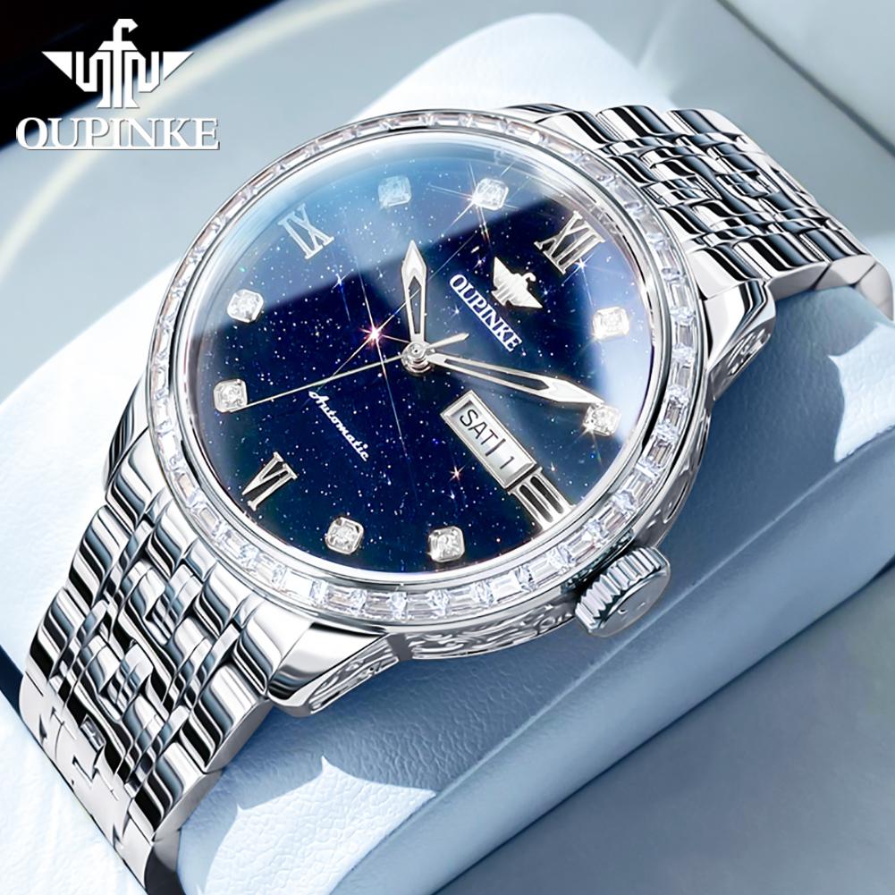 OUPINKE 3241 Watch Luxury Man Fashion Mechanical Watch 50M Waterproof Starry Sky Dual Calendar Male Hand Clock