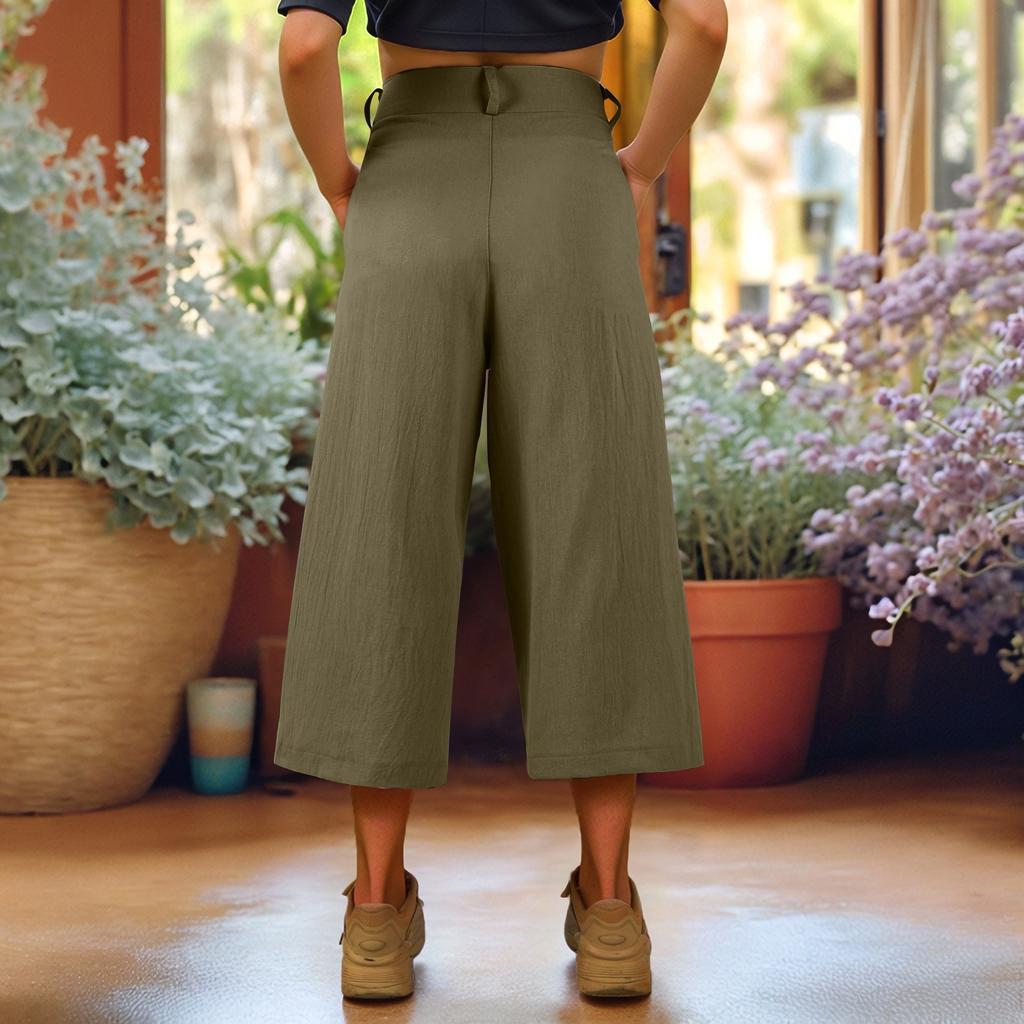 Capris Pants For Women Cotton Linen Casual Summer Straight Wide Leg Loose Drawstring Elastic Waist Cropped Trouser
