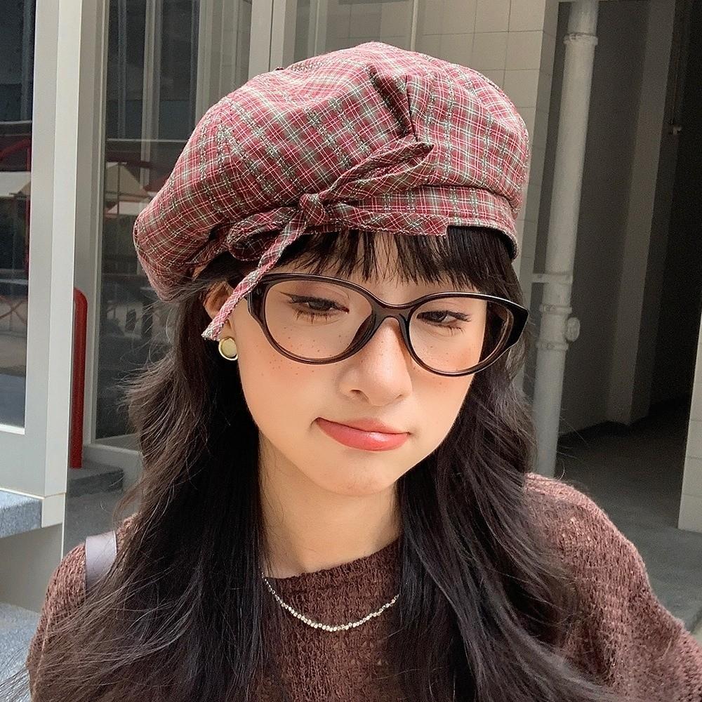 Женская шляпа художника в корейском стиле с бантом, женская восьмиугольная кепка, милый клетчатый берет, для улицы