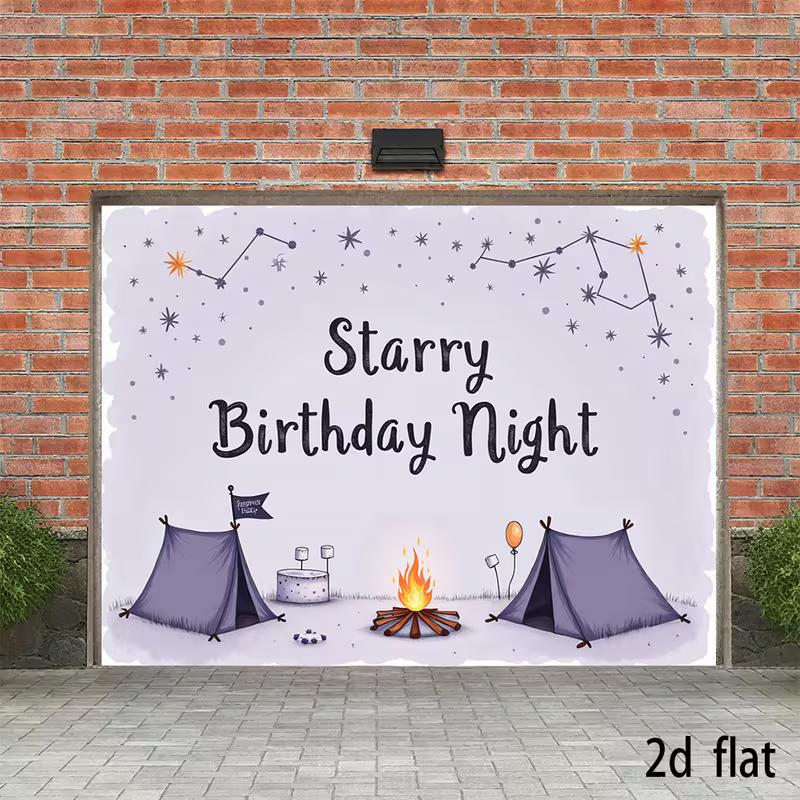2D Lavender Starry Camping Birthday Backdrop, Campfire Tent Photo Background
