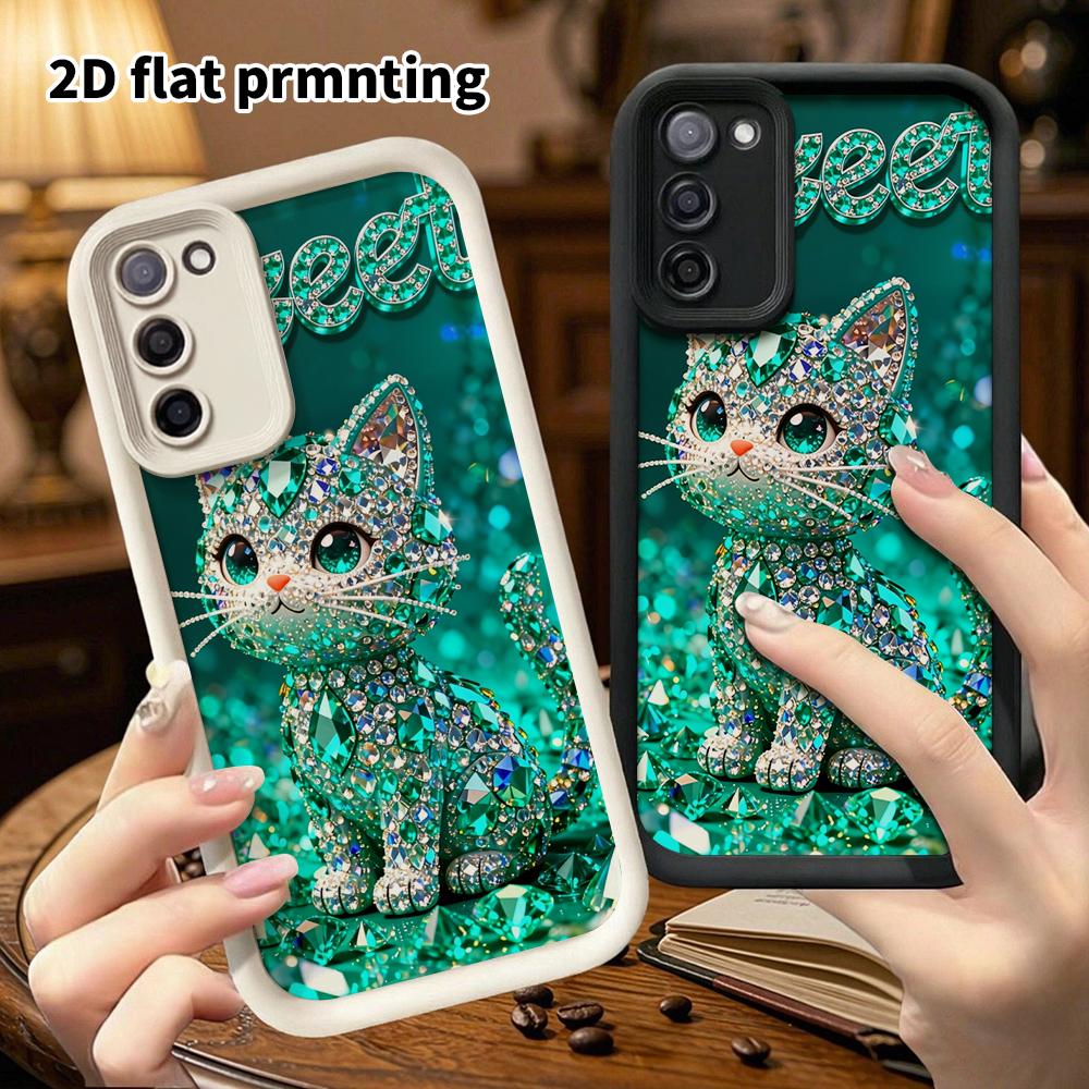 Phone Case: 2D Flat Samsung Galaxy A34 A35 M05 M06 S20 S22 S21 FE Plus 5G Layered Protective Case, Emerald Cat, Christmas and Halloween Gift