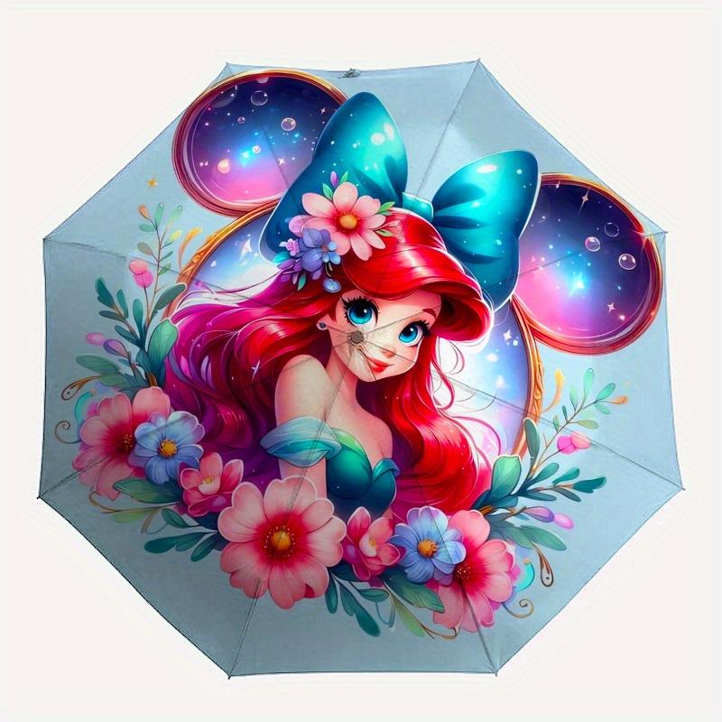 Disney Ariel,Floral,Fantasy Manual Opening and Closing Umbrella, 8-Rib Reinforced Folding Design, Lightweight