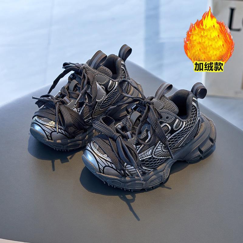 Толстые детские кроссовки на шнуровке, дизайнерские, черные, кожаные, высокого качества, для ходьбы, бега, для детей и девочек