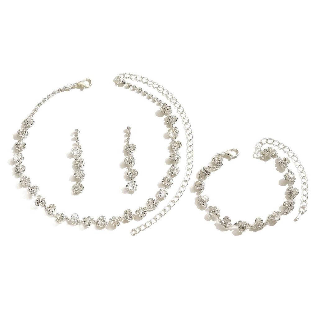 2025 Korean Fashion Wedding Jewelry: Silver Rhinestone Necklace, Earrings, Bracelet & Ring Set