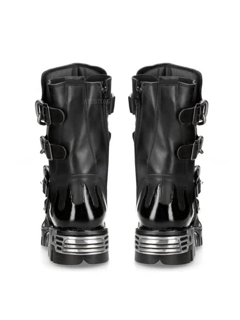 New Men's Punk Motorcycle Boots Metal Thick Heel Goth Skull Buckle Mid- Calf Combat Boots Zipper Round Toe Women Western Boots