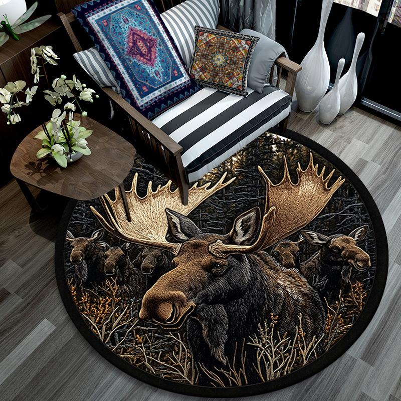 Moose Round Area Rug,Carpet Rug for Living Room Bedroom Sofa Playroom Decor,Non-slip Floor Mat