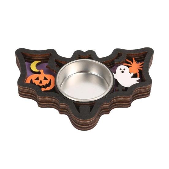 Wooden Candle Plate Holder Tray Tabletop Tealight Pillar Display Tray Wood Pumpkin Bat Ghost Maple Leaf Table Centerpiece for Halloween Thanksgiving