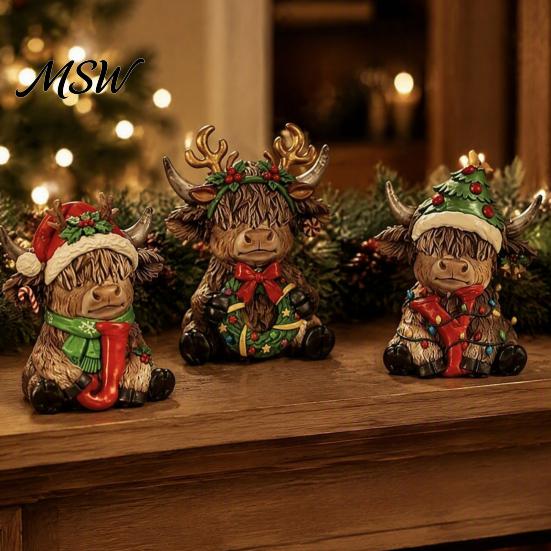 Wooden Holiday Tree Decorations 2/3Pcs Christmas Highland Cow Tabletop Sign, 2D Flat Yak Garland Bow Animal Decor Figurine Ornament with Hat, Festive