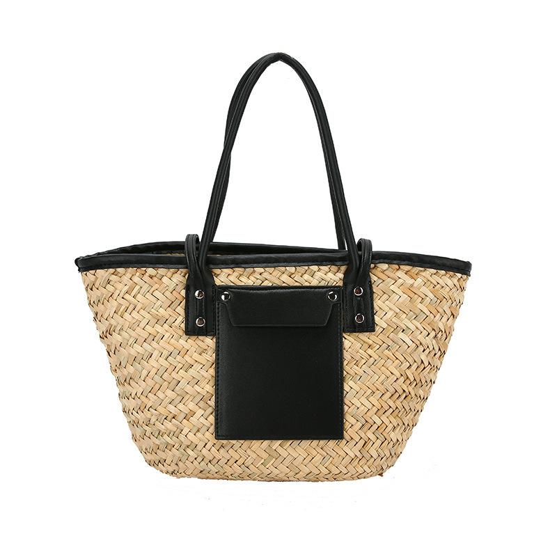 Summer Handmade Bags for Women Large Capacity Straw Fabric Basket Tote Top Handle Handbags Lady Beach Hand Bags
