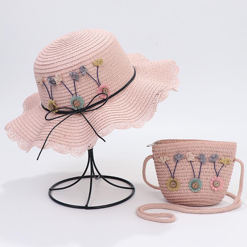 Korean-Style Kids' Floral Straw Hat & Bag Set - Sun Protection Beach Hat
