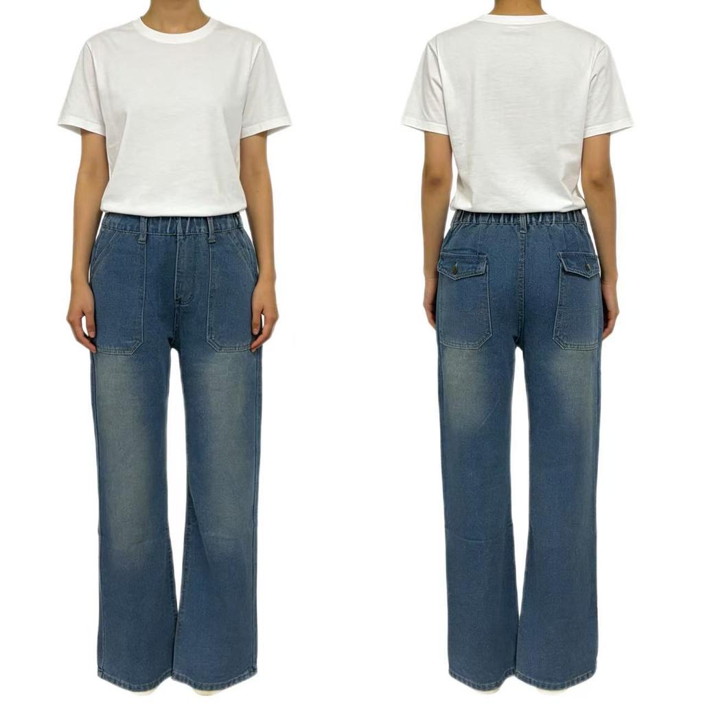 European and American new high-waisted side bag wide-leg pants women's jeans
