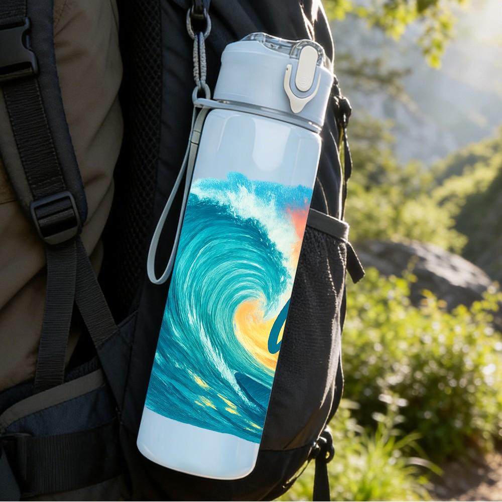 1PC Catch The Wave Ocean Surf Pattern 750ml Color Plastic Sports Water Bottle Leakproof Flip Straw Lid Suitable for Sports Office Home Use