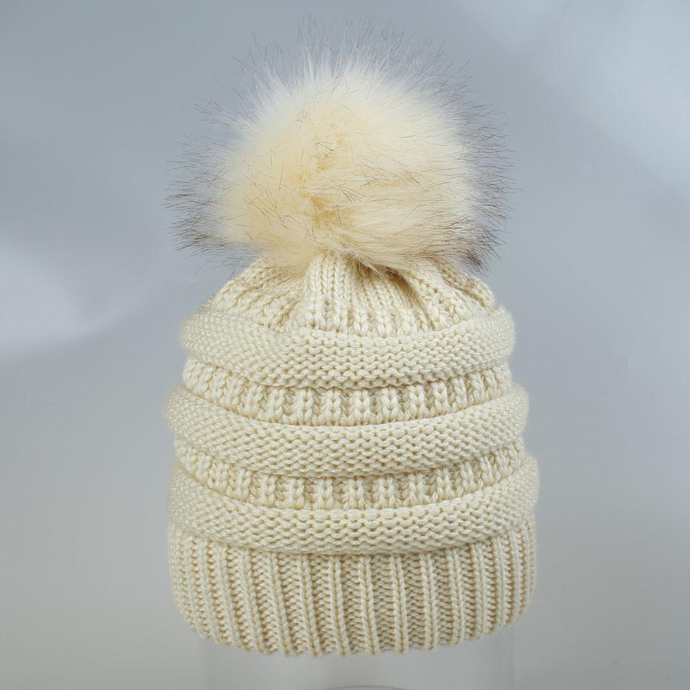 Faux Winter Women Autumn Fur Fox Ball Solid Color Twist Knitted Hat