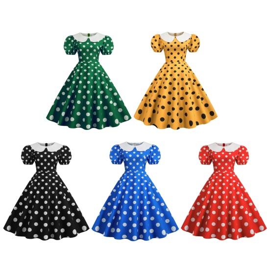 Женское праздничное платье Vinatge с большим подолом, контрастным цветом, точечным принтом, высокой талией, молнией сзади, короткими рукавами-пузырьками, кукольным воротником, 50-х, 60-х годов, свадебное платье принцессы для выпускного вечера