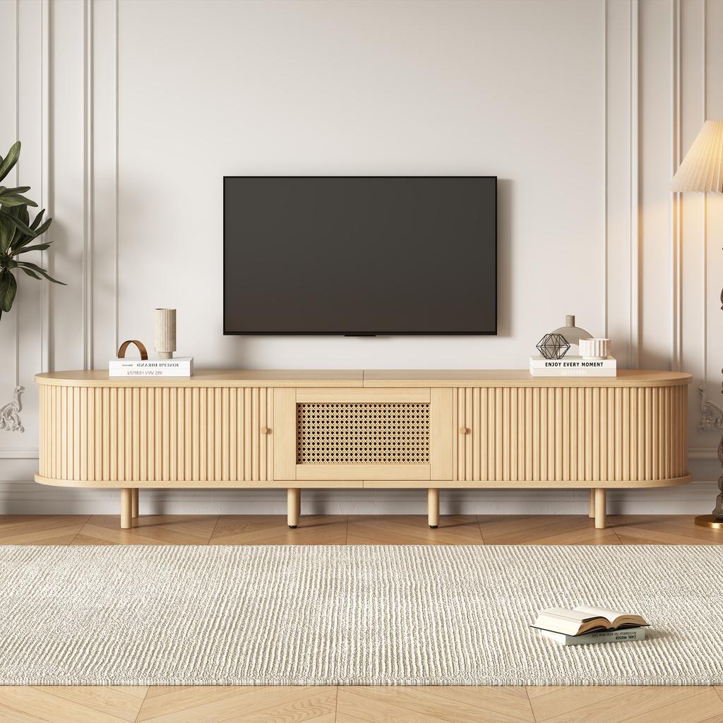 Modern TV Cabinet Lowboard with Round Design and Roller Door, MDF, Drawer, for TVs up to 75 Inches, Living and Dining Room, 180x40x40cm, Wood Color