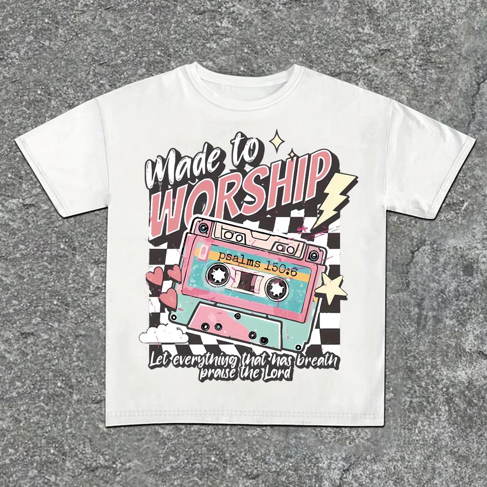 Vintage Cassette Print T-Shirt 'Made to Worship' Psalm 150:6 Slogan Unisex Casual Round Neck Short Sleeve Men Women 100% Cotton