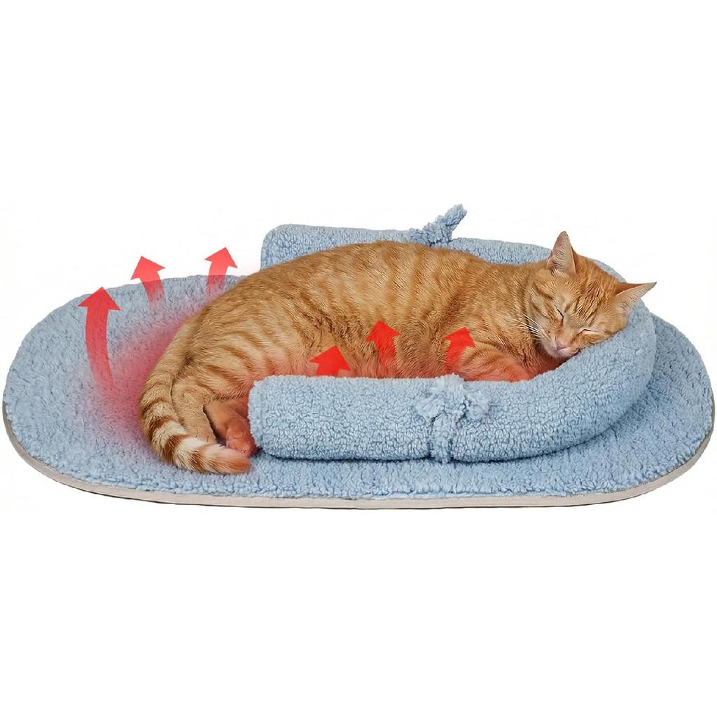 Self Warming Cat Bed Mat with Soft U-Shaped Pillow– Thickened Calming Cat Bed for Kittens and Small Dogs – Portable Washable Cats Warming Pad for