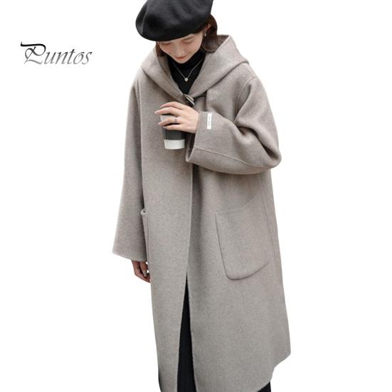 Women Winter Overcoat Hooded Pockets Pure Color Open Stitch Cardigan Mid Length Coat Thermal Long Sleeves Commuting Dating Winter Coat