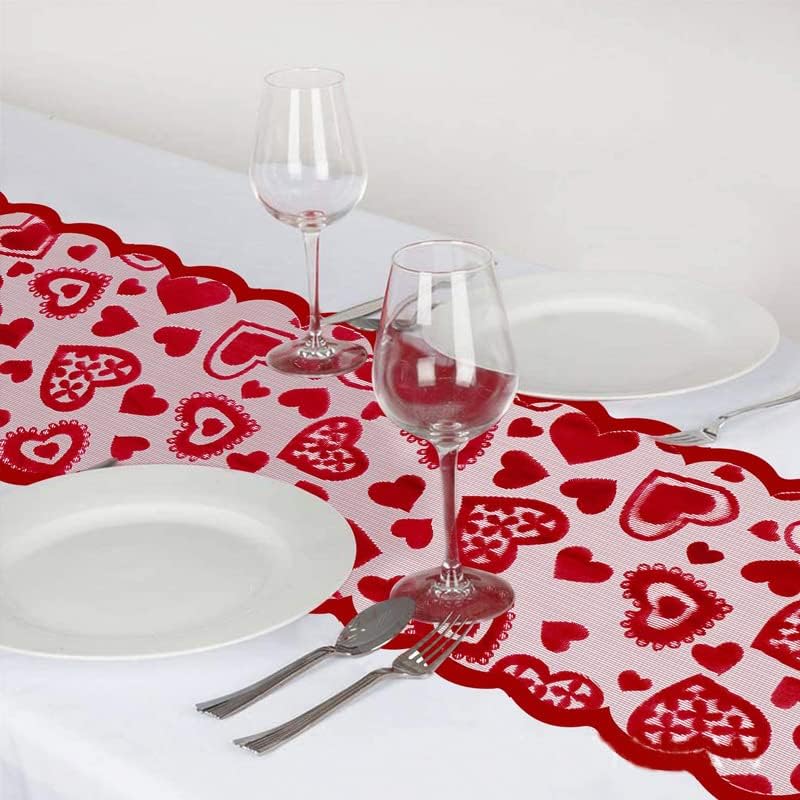 13 x 72 Inch Red Heart Lace Table Runner for Valentine's Day Decor