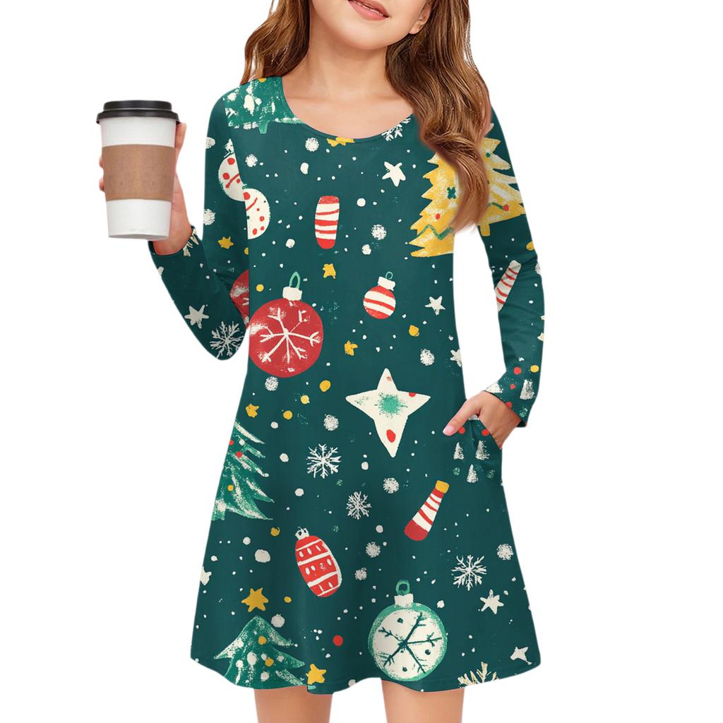 Christmas Day Girls' Long Sleeve Dress - Color Pocket Dress