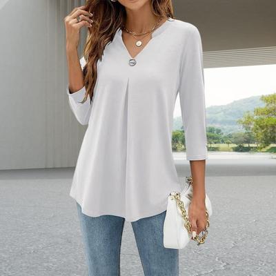Женские топы с V-образным вырезом, декором на пуговицах, рукавом 3/4, однотонные футболки с эффектом морщин, повседневная одежда в стиле кэжуал