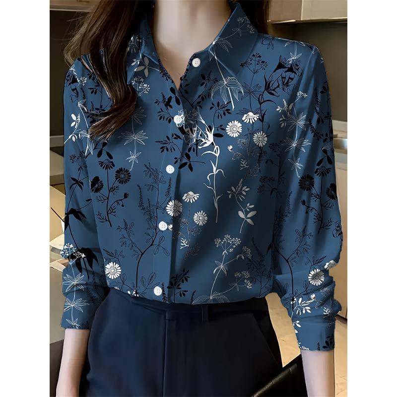 Ladies Lapel Long Sleeve Shirt Ladies Elegant Design Loose Fit Floral Pattern Printed Shirt Daily Casual Office Tops