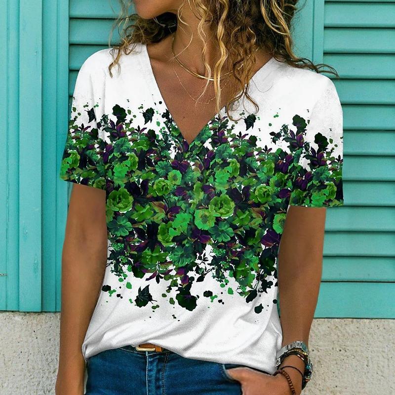 Футболка с цветочным принтом и блестками, 3D принт, новая женская футболка с v-образным вырезом и короткими рукавами, топы Y2k, уличная одежда, большие футболки в стиле Харадзюку, женская одежда