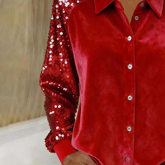 Женская рубашка на пуговицах с лацканами, с длинным рукавом, топы, однотонная, свободного кроя, с блестящими пайетками на рукавах, бархатная рубашка, одежда для коктейльной вечеринки