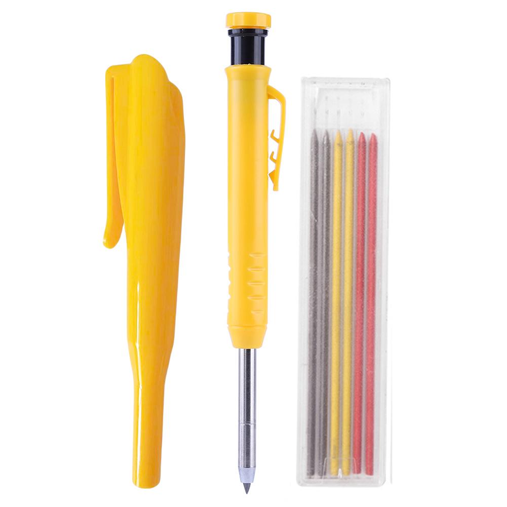 Solid Carpenter Pencil Set with 6 Refill Lead Deep Hole Marking Pencil Built-in Sharpener Ergonomic for Woodworking Architect