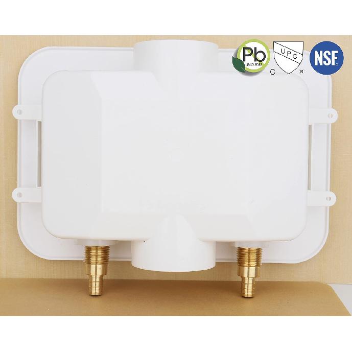 WHK Washing Machine Outlet Box,Pex Laundry Box Washer Wall Box With Drain Recessed Water Valve Box Center Double Drain 1/2-inch Crimp PEX B,PVC White