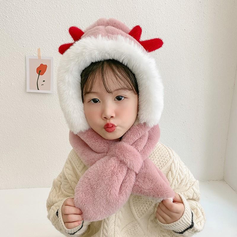 Kids Winter Warm Fleece Hooded Scarf With Deer Antlers Cartoon Design Girls - Chunky Knit Neck Warmer