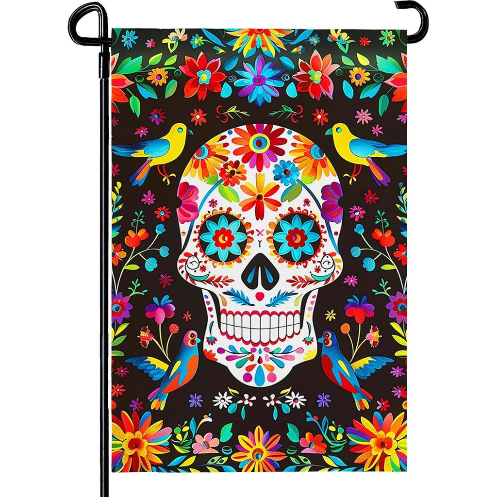 Day of The Dead Garden Flag Skull Welcome Floral Yard Flag Mexican Gothic Skeleton Flowers Birds Double-Sided Garden Flags Fiesta Dia DE Los Muertos H