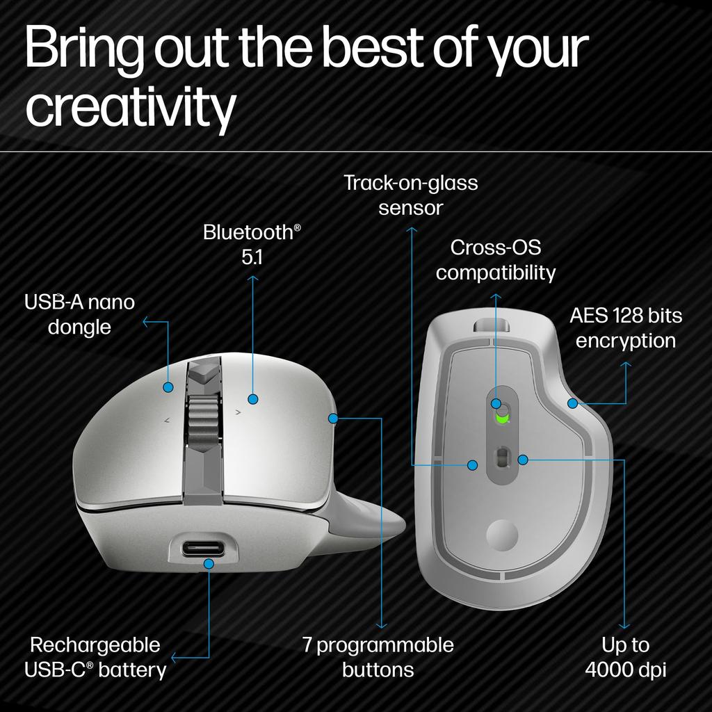 HP 930 Silver Bluetooth Mouse, Rechargeable, USB-C Charging, 3-Device Connection, 4-Way Scroll Wheel, 7 Programmable Buttons, Compatible with Mac,