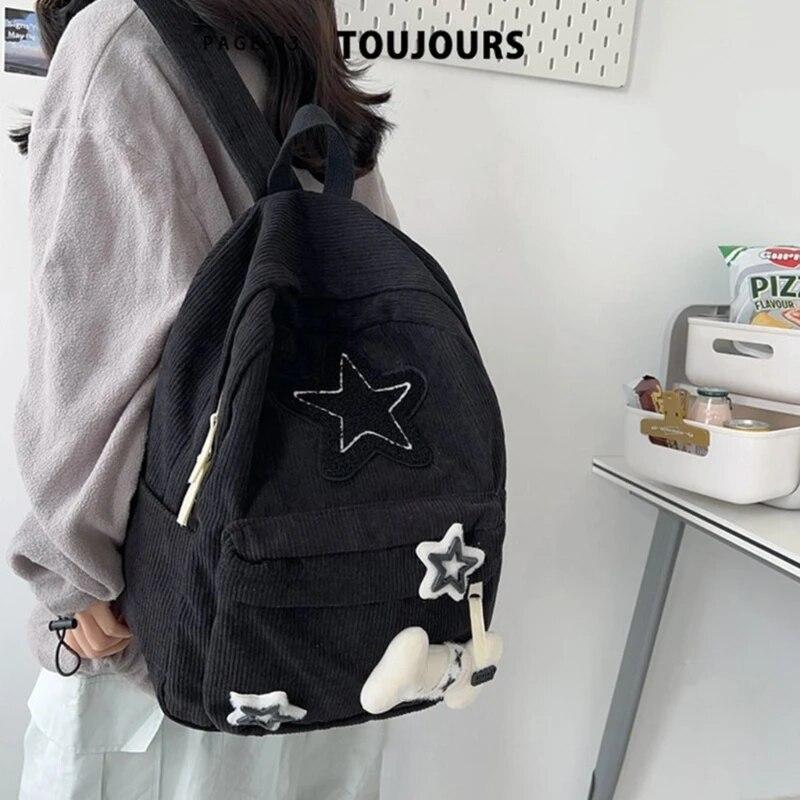 Aesthetic Backpack Stars Pattern Preppy Rucksack College Student Computer Backpack Corduroy Bookbag for Girl CLE
