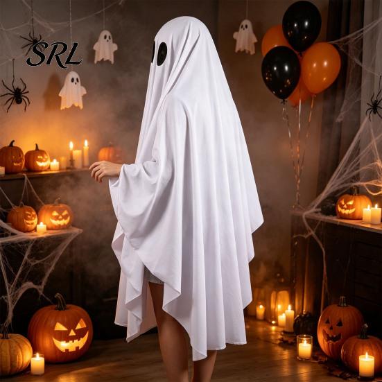 Comfortable Polyester Cape Halloween Ghost Costume for Kids Adults, Cosplay Fancy Dress, Spooky White Cloak with Black Eye Holes Stage Performance