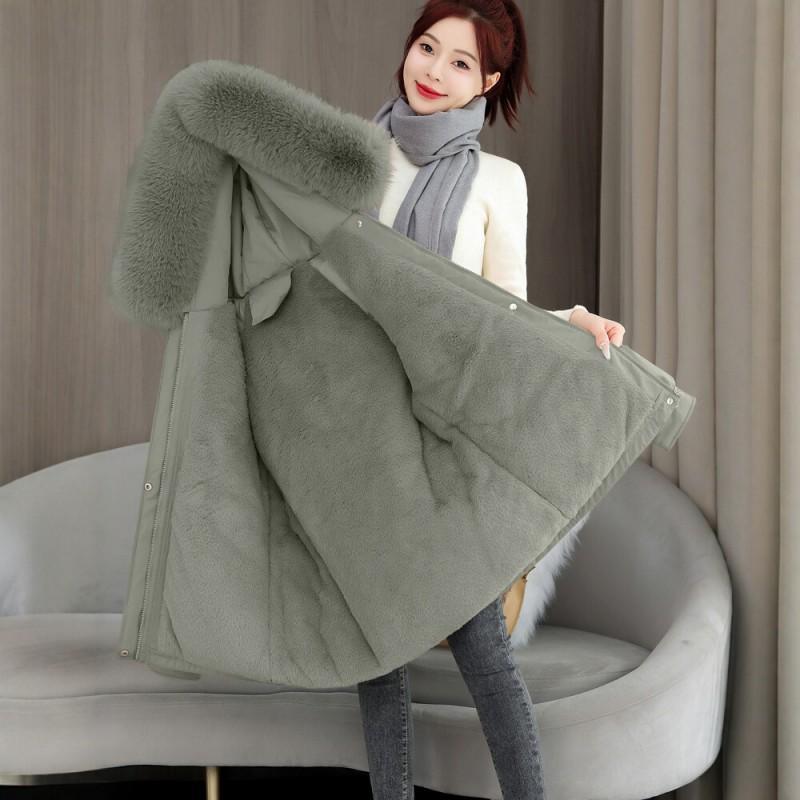 Womens Mid-Length Winter Parka Fleece Lined Hooded Cotton Coat With Fur Trim Korean Style Solid Color Warm Outerwear