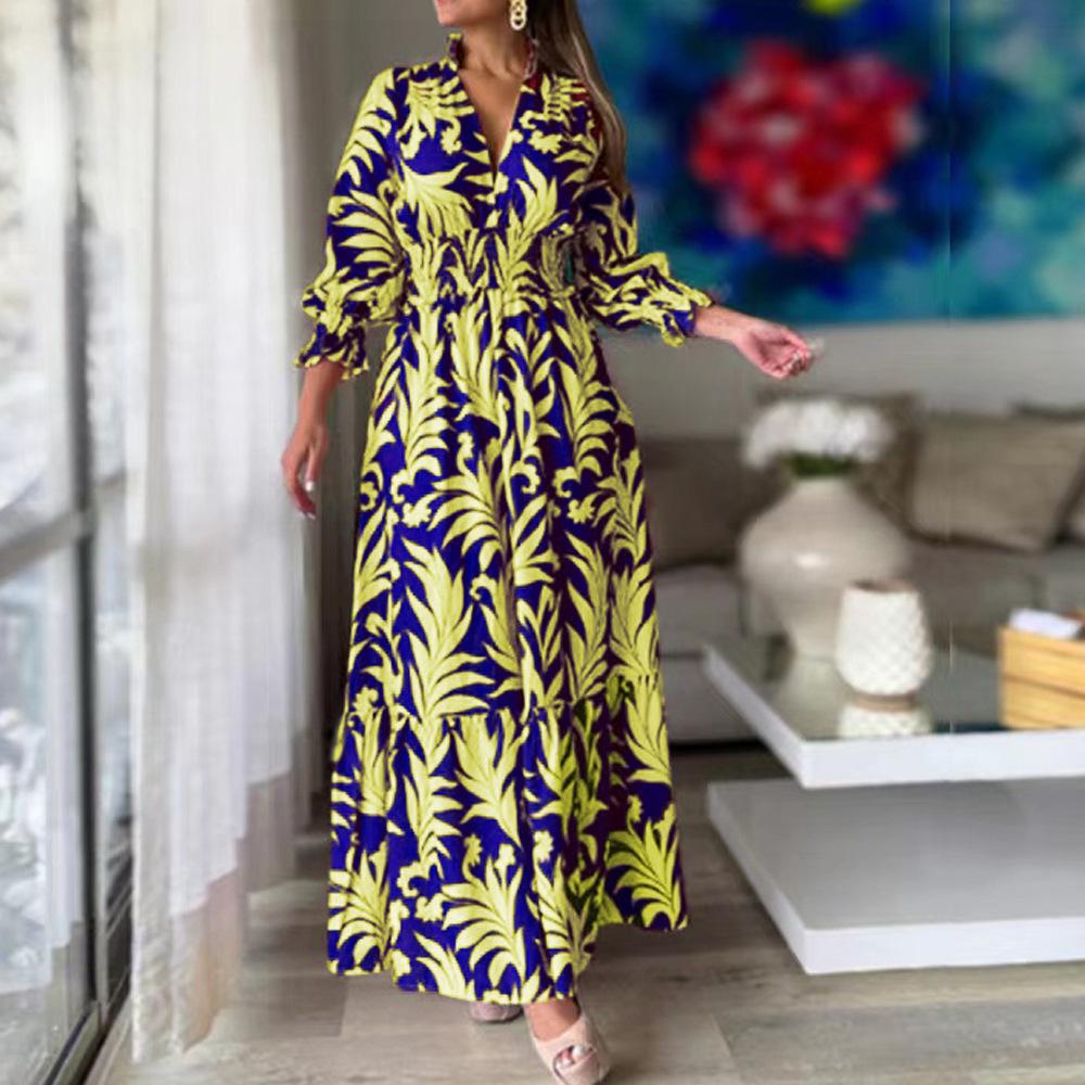 Женское длинное платье с V-образным вырезом и длинным рукавом в стиле бохо с принтом больших размеров