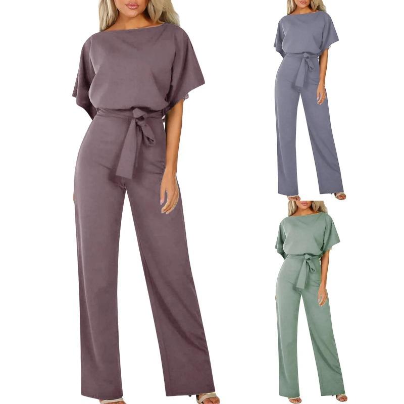 Elegant Jumpsuit Women's Solid Color Short Sleeved Lace Up Slimming Waist Commuting Pantis Fashion Batwing Sleeve