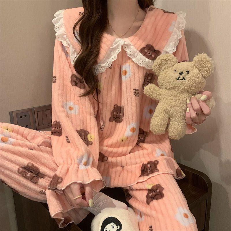 Женская пижама с принтом медведя, корейская милая принцесса, зимняя теплая свободная повседневная домашняя одежда, комплект из двух предметов с кукольным воротником и длинными рукавами