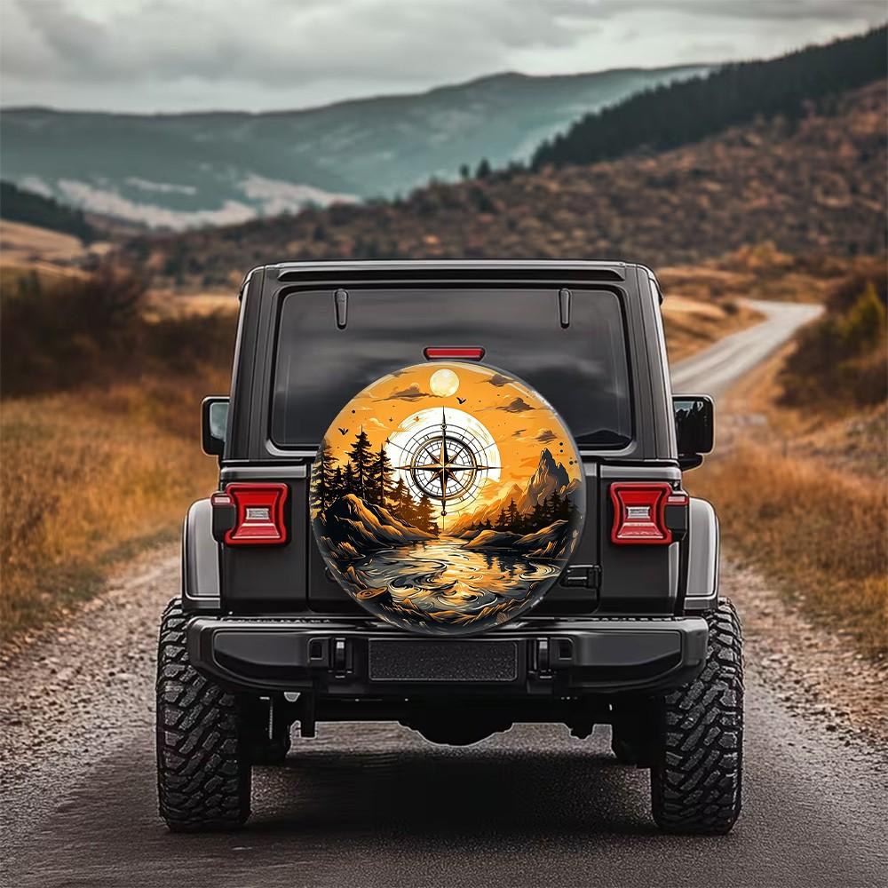 Retro Compass Mountain Scenery Printed Spare Tire Cover Universal Wheel Protection for Road Trips Outdoor Adventures