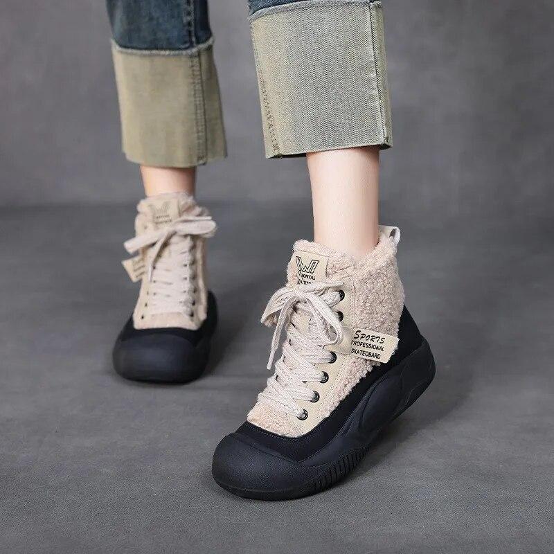 Johnature Хлопковая обувь с плюшевыми теплыми короткими сапогами из натуральной кожи с круглым носком, женская обувь на мягкой подошве