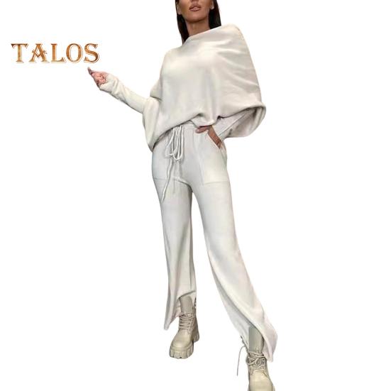 2 шт./комплект женский топ брюки комплект с открытыми плечами длинный рукав летучая мышь толстовка эластичный пояс расклешенные спортивные штаны спортивный наряд осенний повседневный спортивный костюм