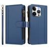 For iPhone 15 Pro Leather Case 9 Card Slots Zipper Wallet Stand Phone Cover with Wrist Strap
