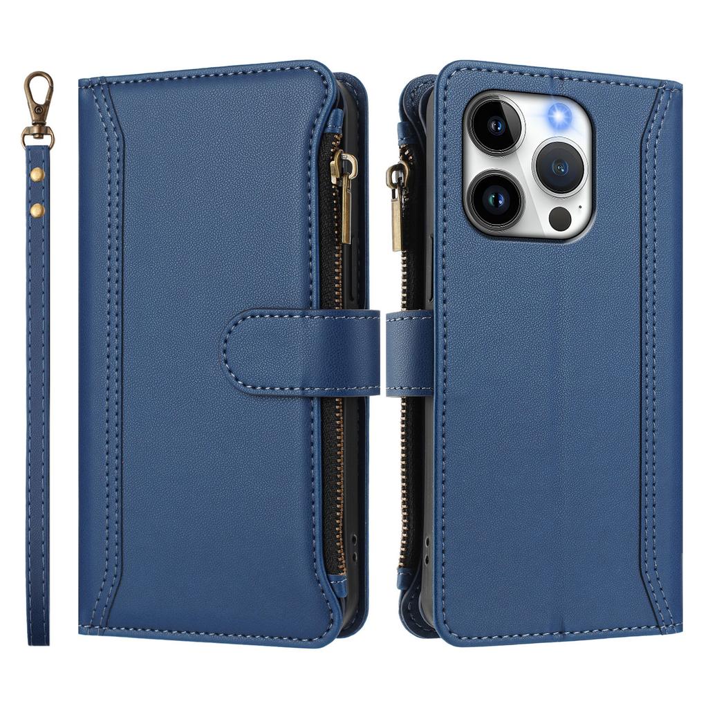 For iPhone 15 Pro Leather Case 9 Card Slots Zipper Wallet Stand Phone Cover with Wrist Strap