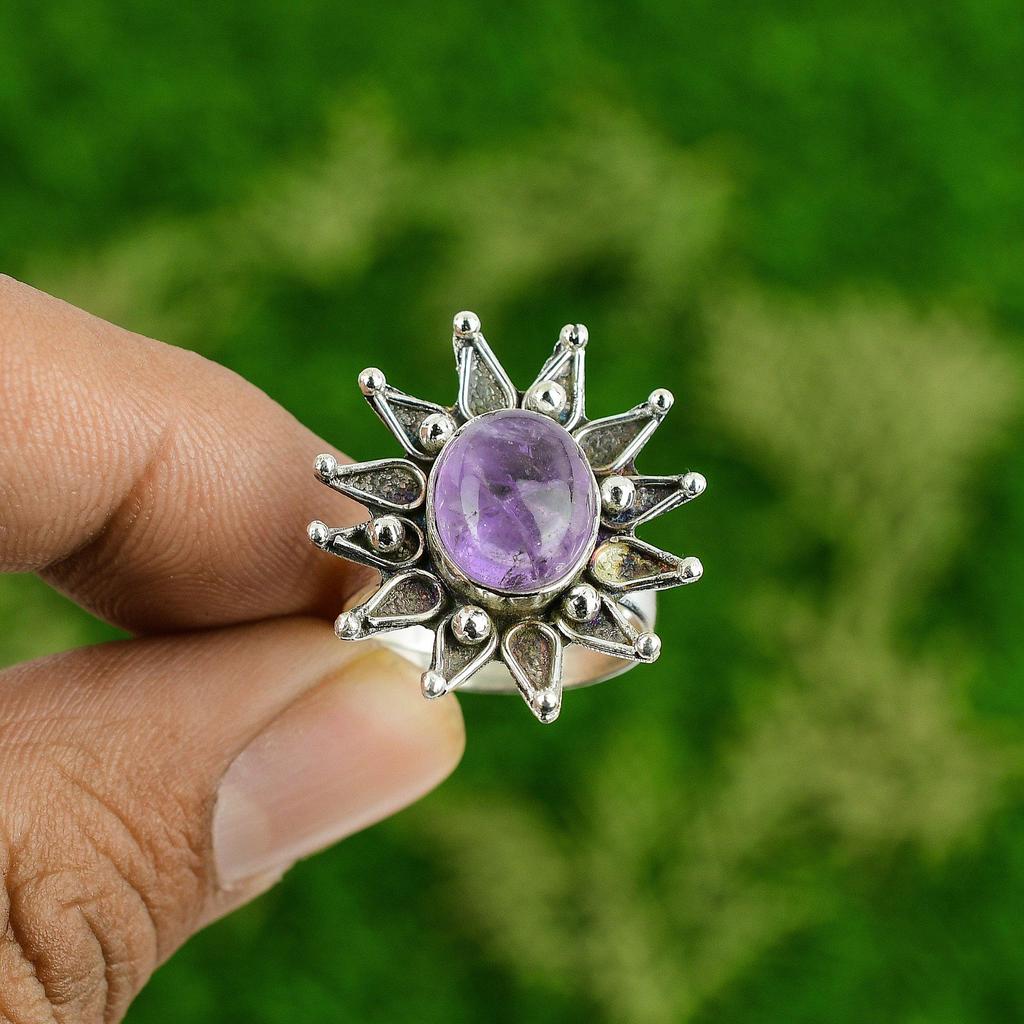 Natural African Amethyst 925 Sterling Silver Mother Promise Flower Ring Jewelry