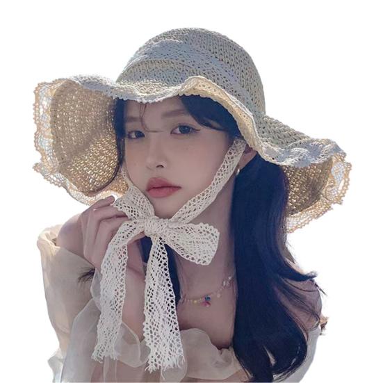 Women Straw Hat Wide Brim Breathable Straw Weaving Hat with Colorful Beads Decor Flexible Edges Sun Hat